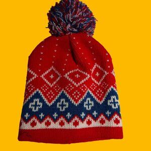 Vintage Winter Beanie Hat Wigwam Red & Blue Acrylic Knit With Pom-Pom MADE USA M